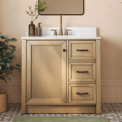 DeerValley DV-1BV0541NW Farmhouse Vanity, Natural Oak Rattan Accent, 36-in Assembled