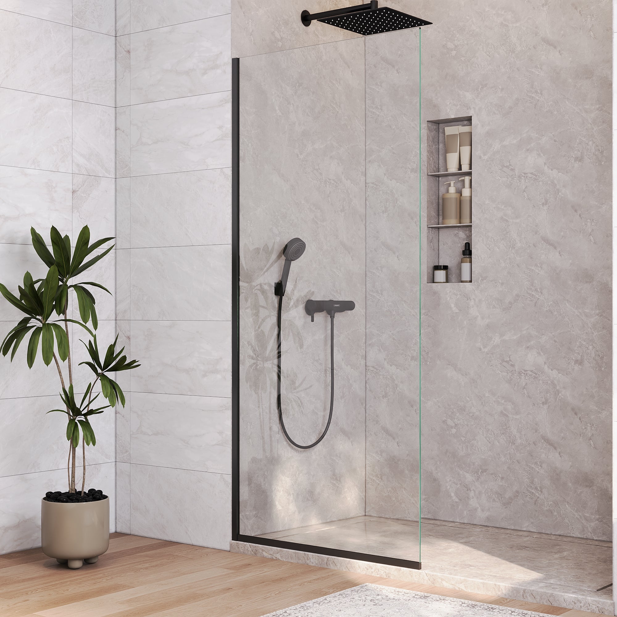 DeerValley DV-1SD0410B08 Fixed Shower Screen, 34" W × 74" H Semi-Framed Design, Matte Black 304 Stainless Steel Frame with 8mm (5/16") Premium Tempered Safety Glass, Modern Minimalist Style for Space-Saving Bathrooms