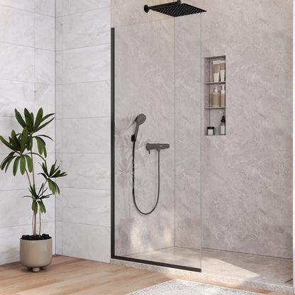 DeerValley DV-1SD0410B08 Fixed Shower Screen, 34" W × 74" H Semi-Framed Design, Matte Black 304 Stainless Steel Frame with 8mm (5/16") Premium Tempered Safety Glass, Modern Minimalist Style for Space-Saving Bathrooms