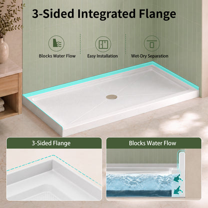 DeerValley DV-1SB0481 Shower Base in White, Acrylic Single Threshold Shower Pan with Non-Slip Texture, Center Drain Hole