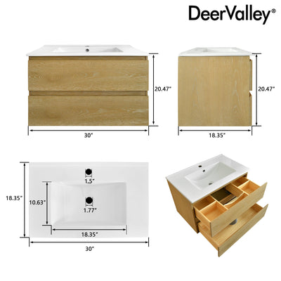 30" Rectangular Bathroom Vanity, with Ceramic Sink Wall-Mounting