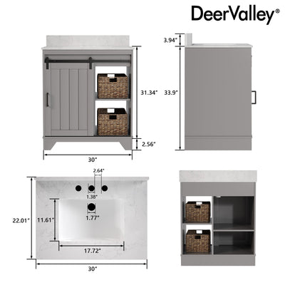 Deervalley DV-1BV0153GY 30" Rectangular Bathroom Vanity, with Ceramic Sink Top Set-up