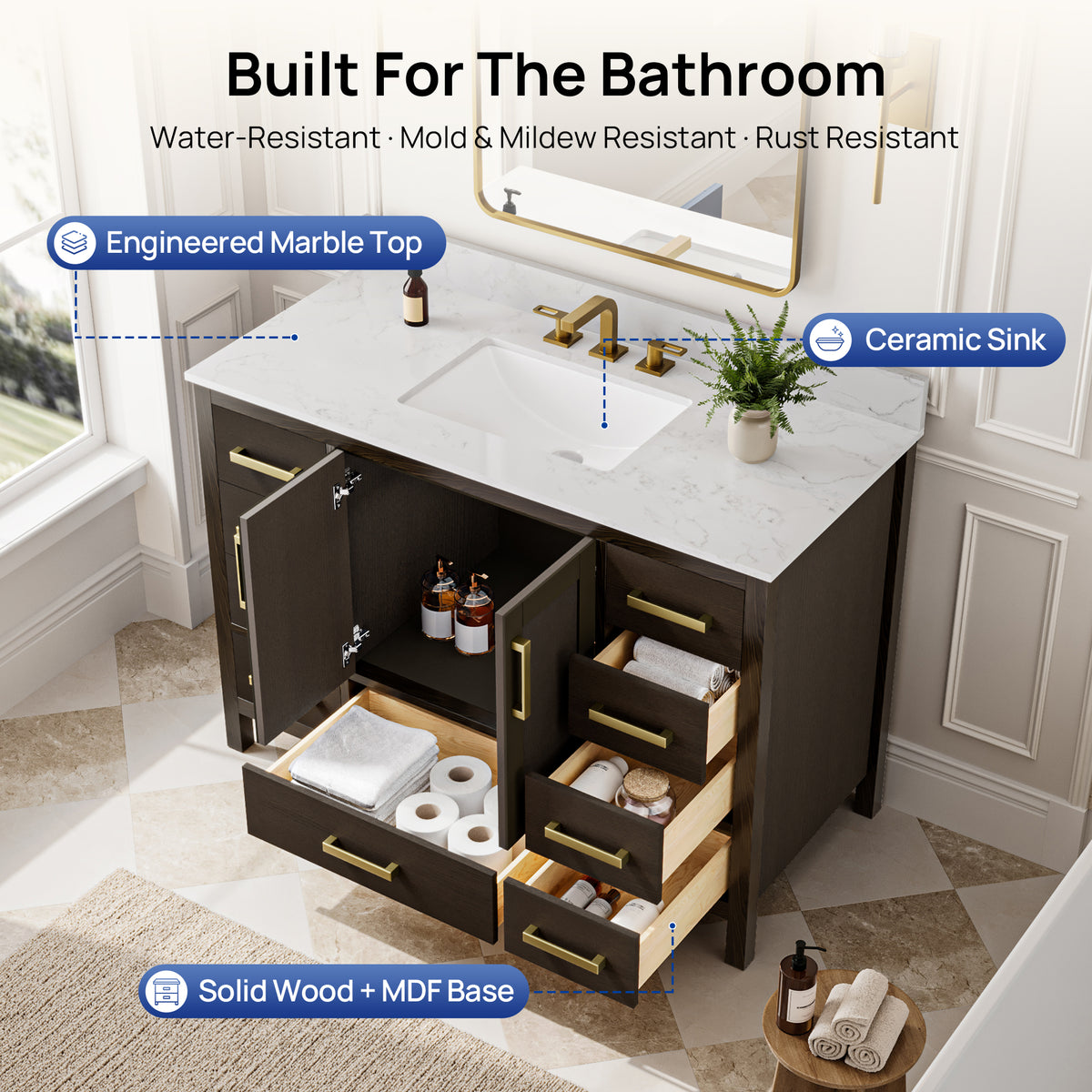 DeerValley DV-1BV0156BO03 Bathroom Vanity, Fully Assembled & 9-Drawer Storage