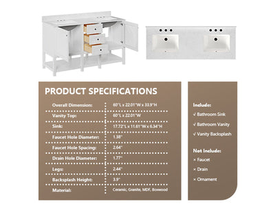 60" Rectangular Bathroom Vanity, with Ceramic Sink Top Set-up
