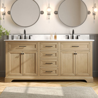 DeerValley DV-1BV0158NW Double Sink Vanity, Natural Oak Soft-Close Drawers & Doors, 72-in Pre-assembled