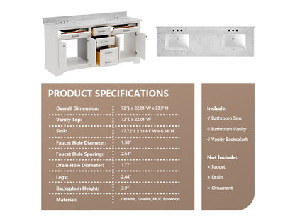 72" Rectangular Bathroom Vanity, with Ceramic Sink Top Set-up