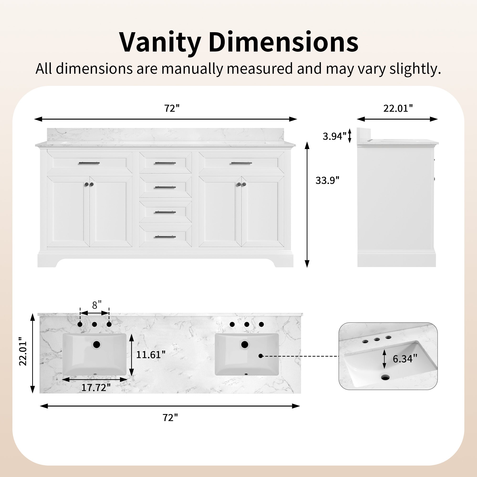 DeerValley DV-1BV0158W Bathroom Vanities 72-Inch Dual Sink Soft-Close Storage