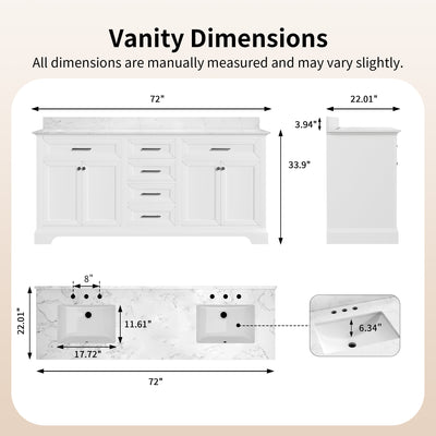 DeerValley DV-1BV0158W Bathroom Vanities 72-Inch Dual Sink Soft-Close Storage