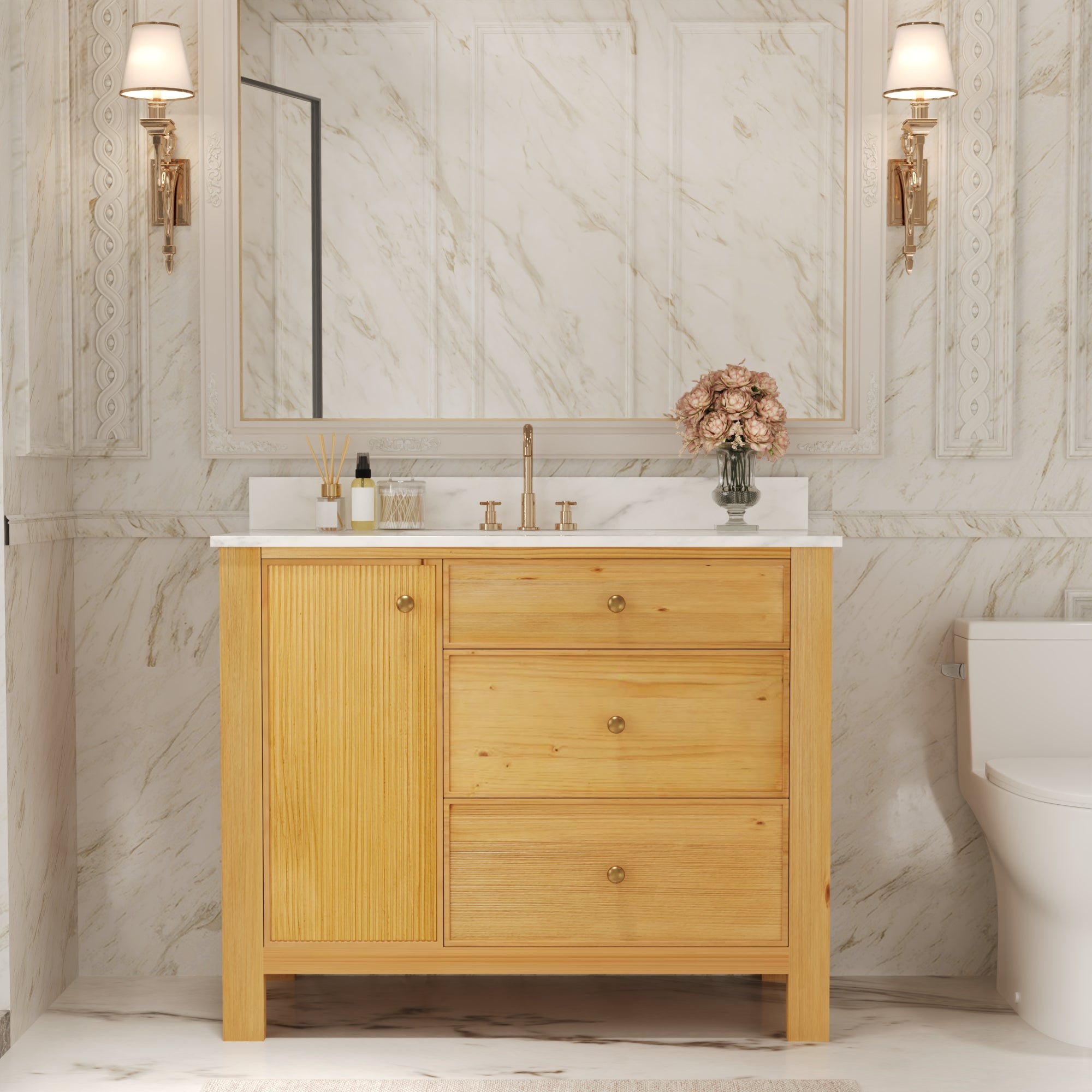 42" Fully Assembled Single Bathroom Vanity with Artificial Marble Top, Natural Wood