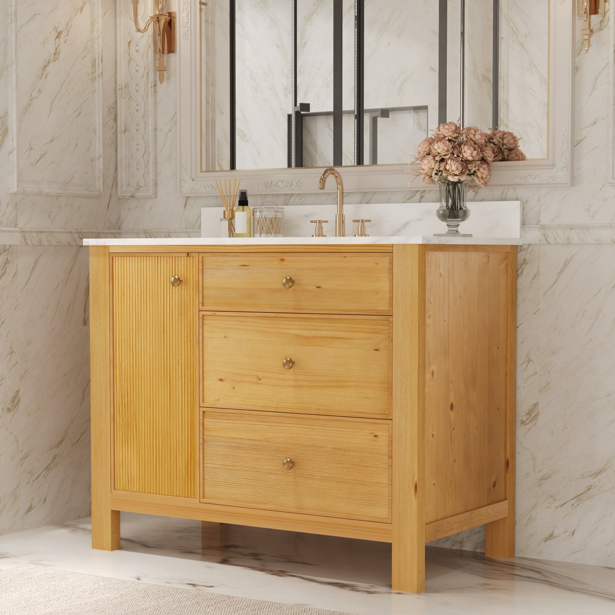42" Fully Assembled Single Bathroom Vanity with Artificial Marble Top, Natural Wood