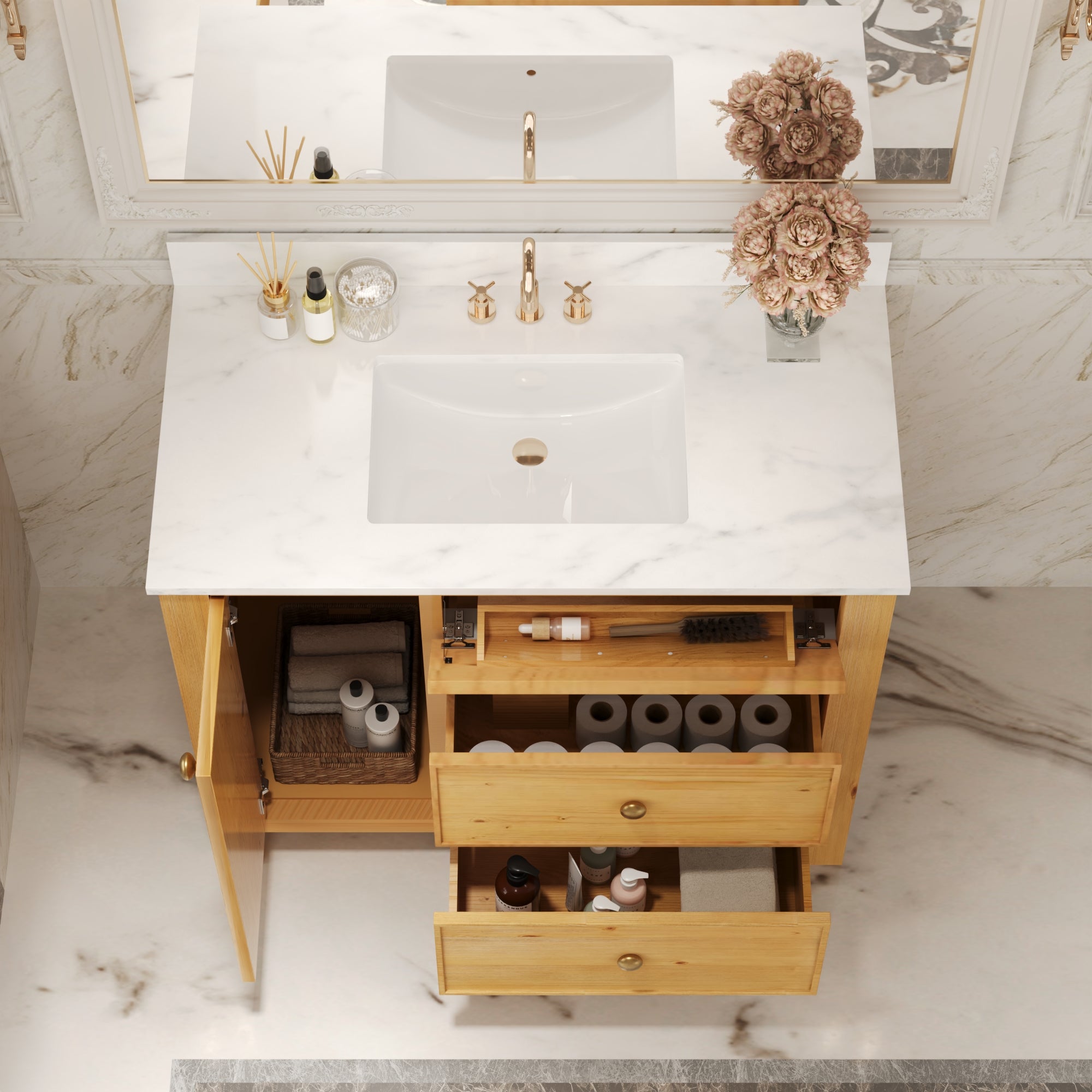 42" Fully Assembled Single Bathroom Vanity with Artificial Marble Top, Natural Wood