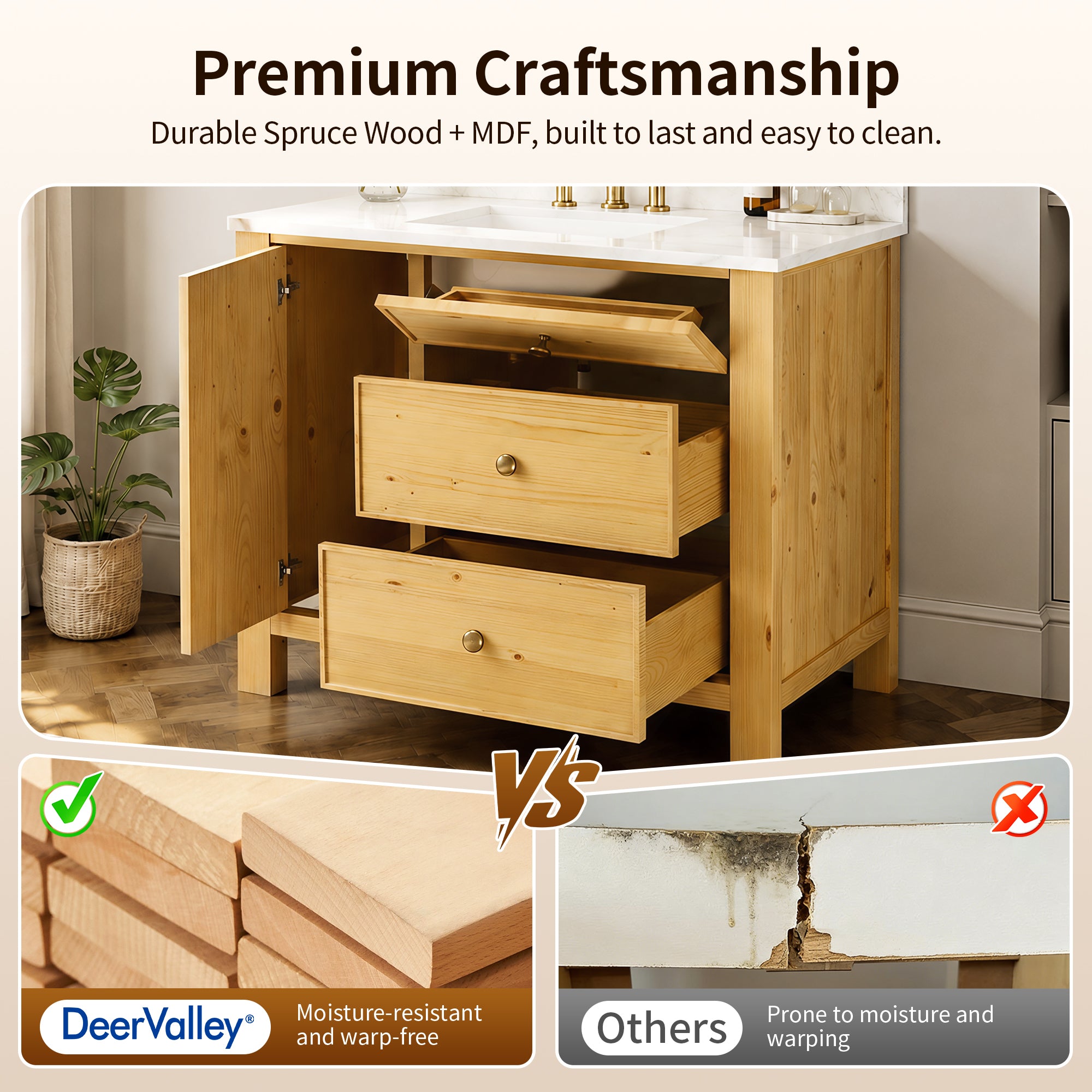 DeerValley DV-1BV0451NW/VG 42" Fully Assembled Single Bathroom Vanity with Artificial Marble Top, Natural Wood