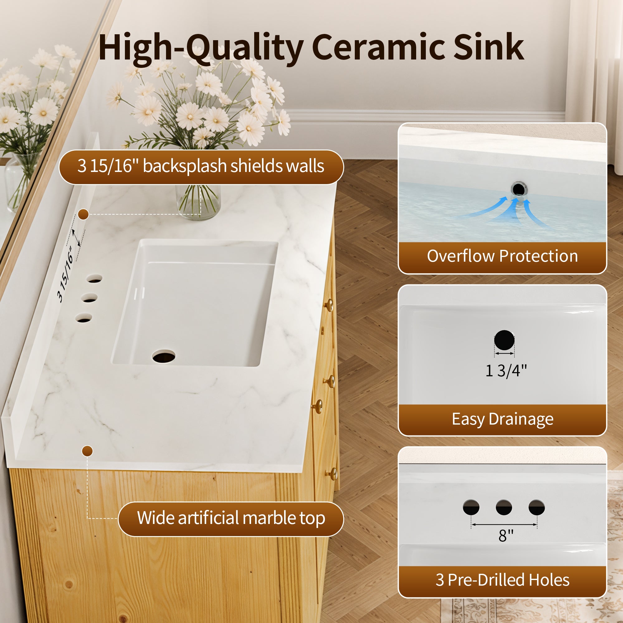 DeerValley DV-1BV0451NW/VG 42" Fully Assembled Single Bathroom Vanity with Artificial Marble Top, Natural Wood