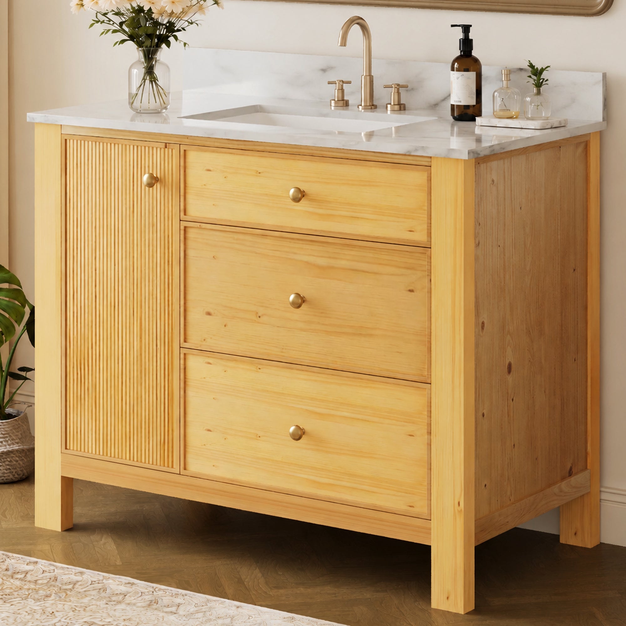 DeerValley DV-1BV0451NW/VG 42" Fully Assembled Single Bathroom Vanity with Artificial Marble Top, Natural Wood