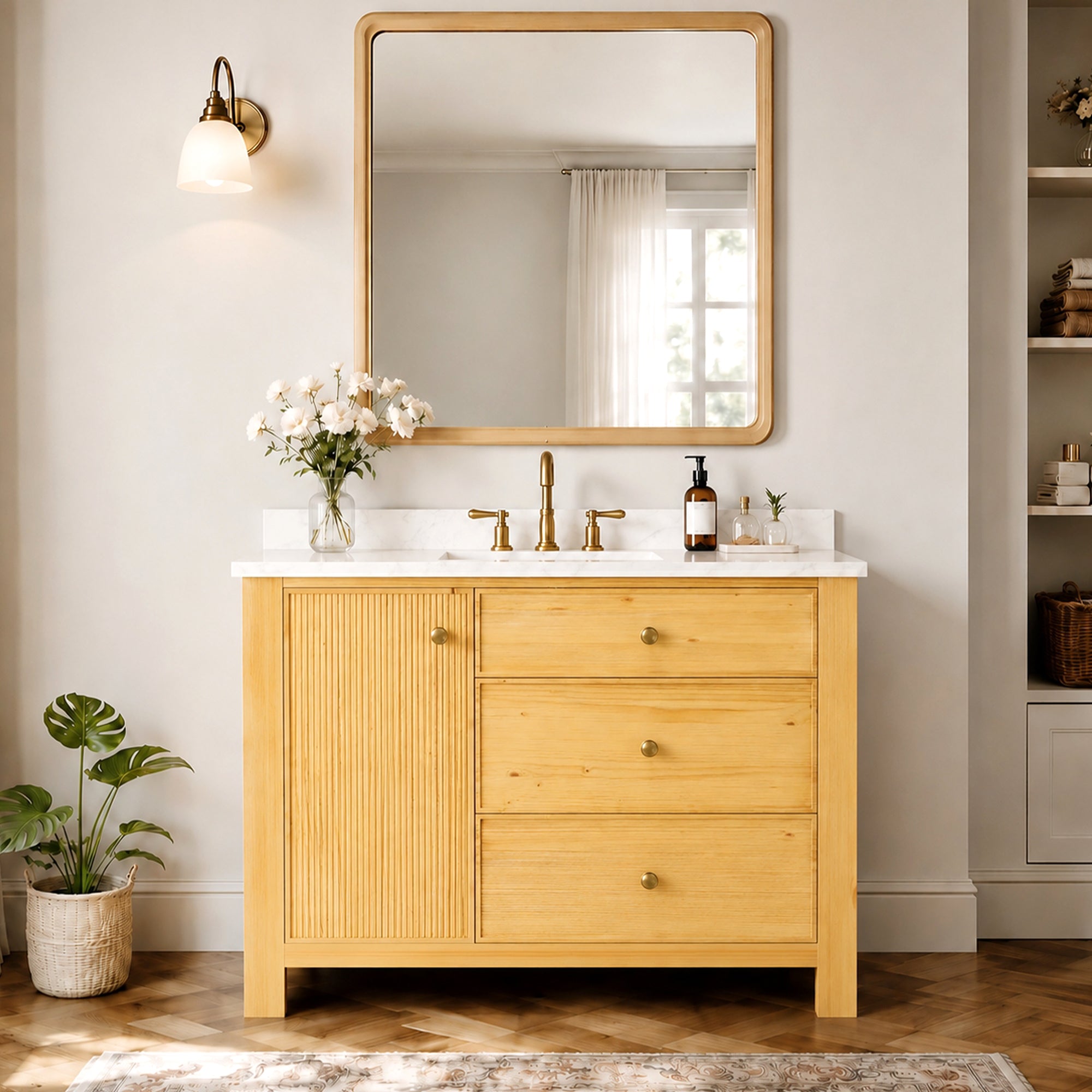 DeerValley DV-1BV0451NW/VG 42" Fully Assembled Single Bathroom Vanity with Artificial Marble Top, Natural Wood