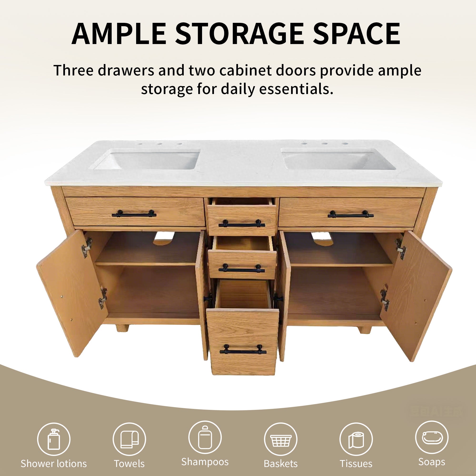 DeerValley DV-1BV0520W/DV-1BV0520NW 60" Fully Assembled Double Bathroom Vanity with Engineered Marble Top, White