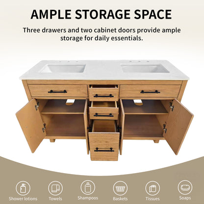 DeerValley DV-1BV0520W/DV-1BV0520NW 60" Fully Assembled Double Bathroom Vanity with Engineered Marble Top, White