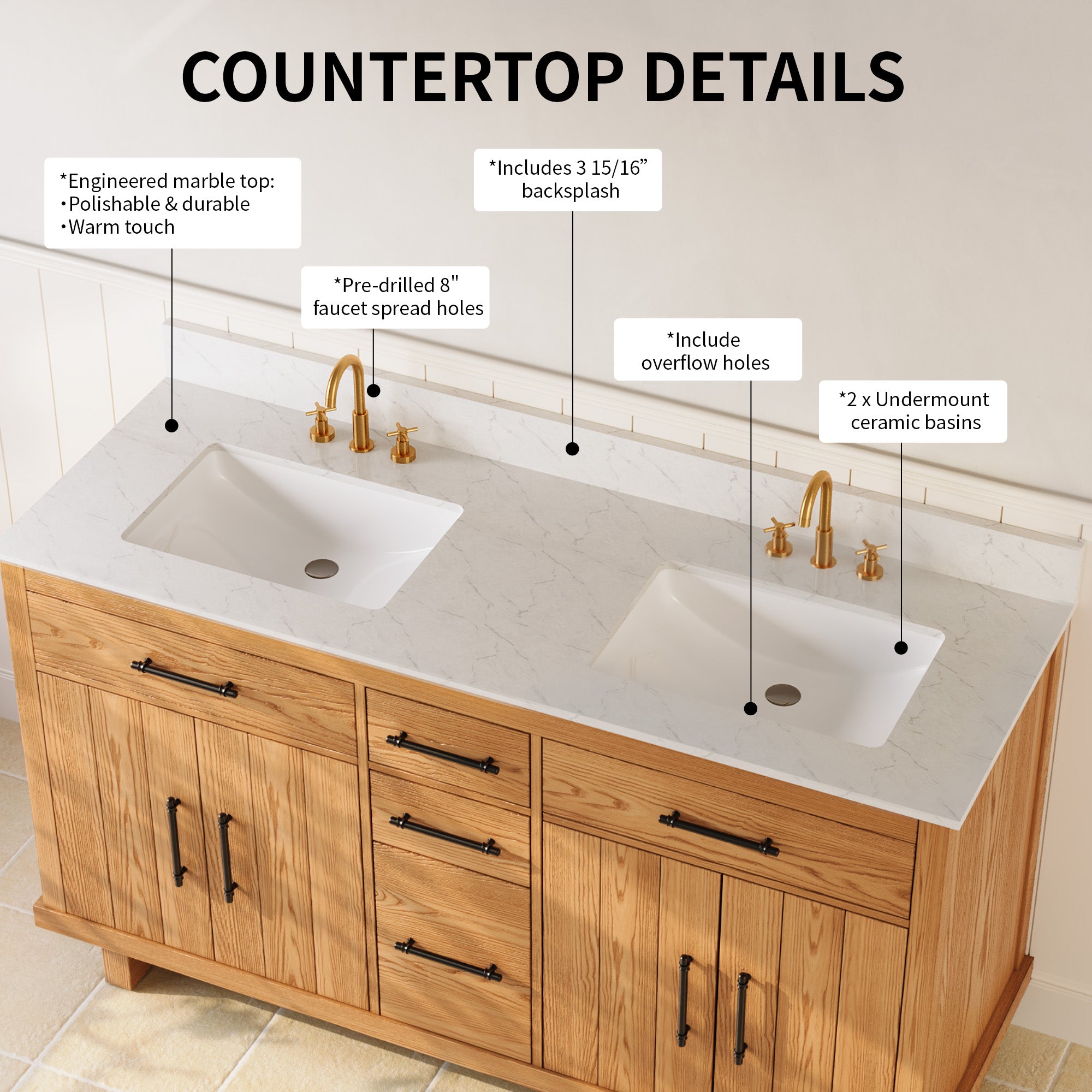 DeerValley DV-1BV0520W/DV-1BV0520NW 60" Fully Assembled Double Bathroom Vanity with Engineered Marble Top, White