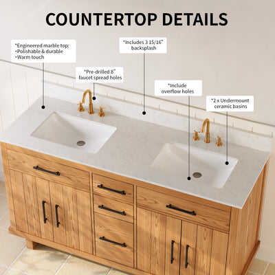 DeerValley DV-1BV0520W/DV-1BV0520NW 60" Fully Assembled Double Bathroom Vanity with Engineered Marble Top, White