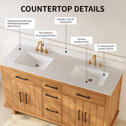 DeerValley DV-1BV0520W/DV-1BV0520NW 60" Fully Assembled Double Bathroom Vanity with Engineered Marble Top, White