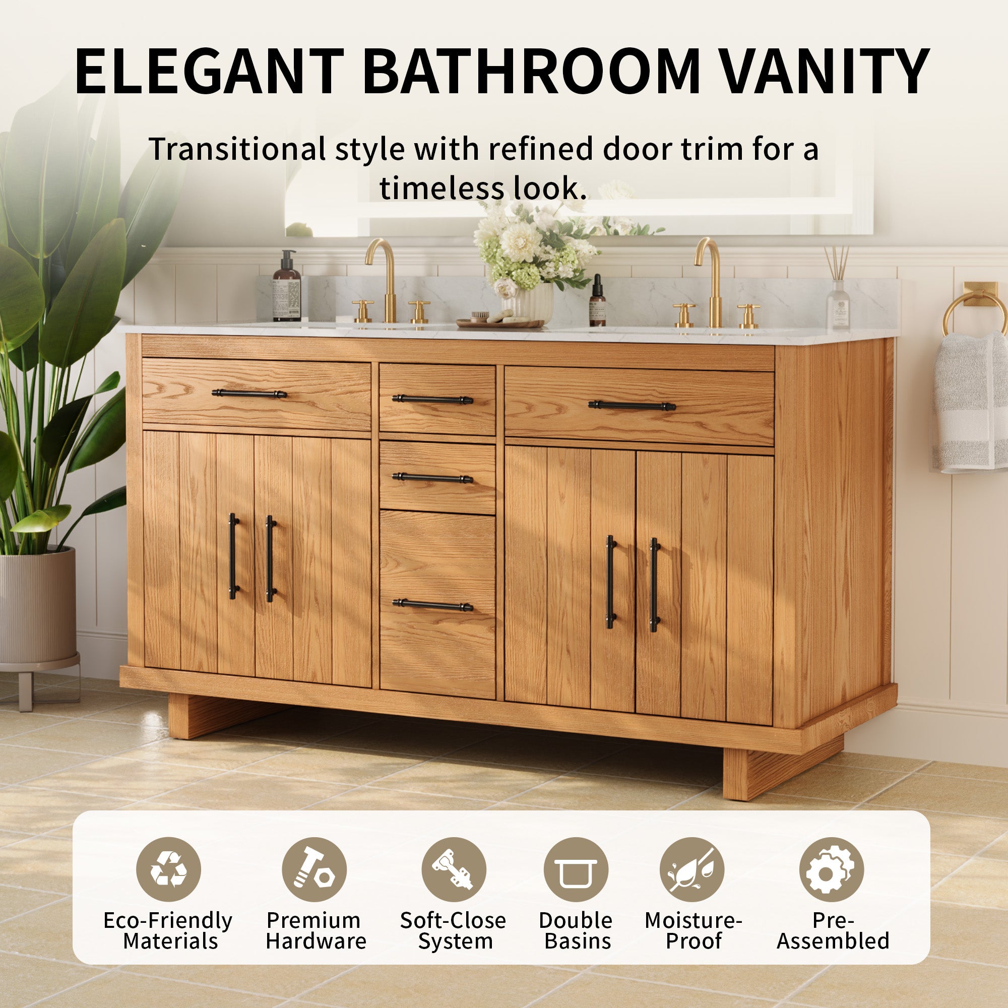 DeerValley DV-1BV0520W/DV-1BV0520NW 60" Fully Assembled Double Bathroom Vanity with Engineered Marble Top, White