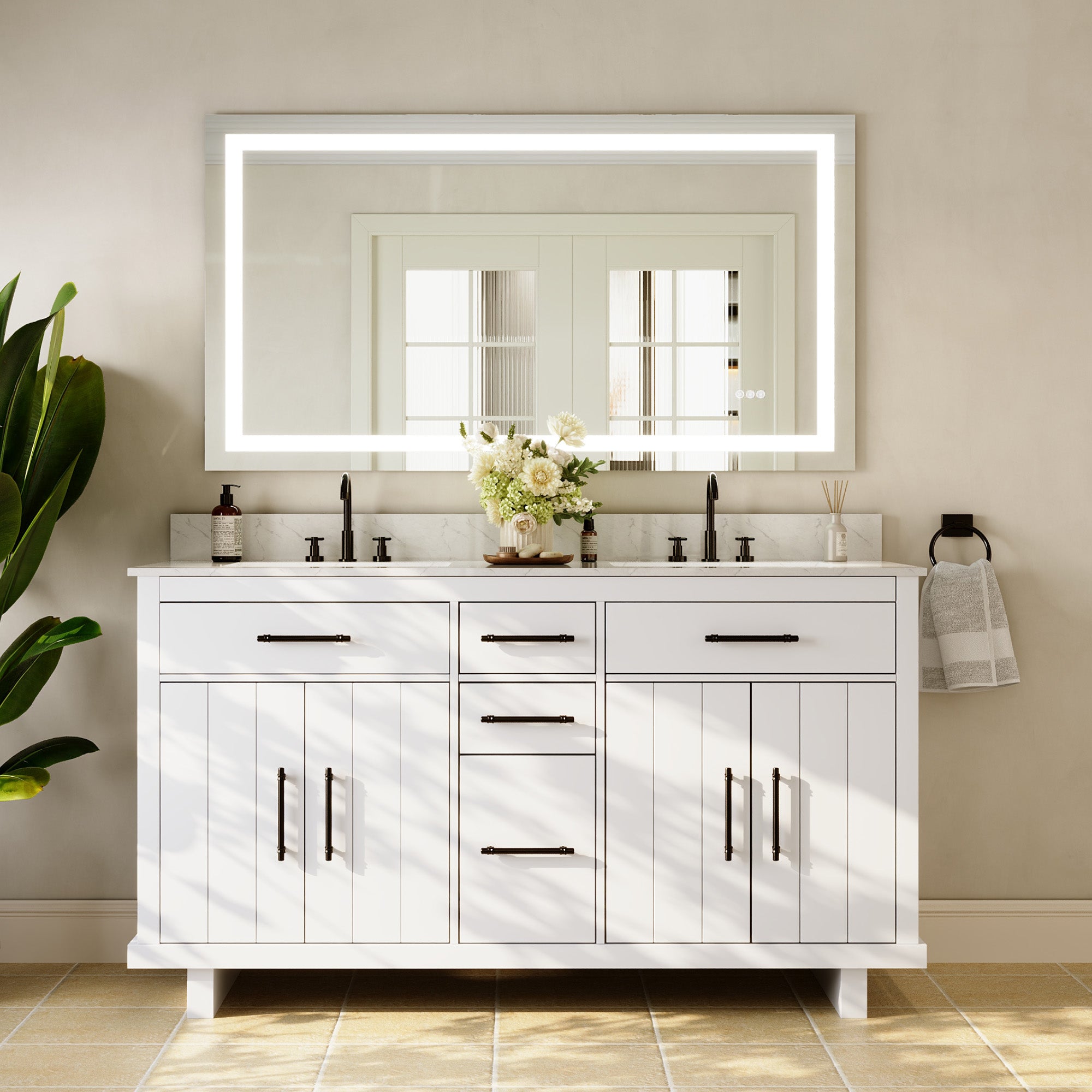 DeerValley DV-1BV0520W/DV-1BV0520NW 60" Fully Assembled Double Bathroom Vanity with Engineered Marble Top, White