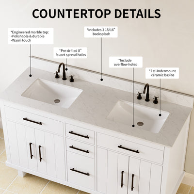 DeerValley DV-1BV0520W/DV-1BV0520NW 60" Fully Assembled Double Bathroom Vanity with Engineered Marble Top, White