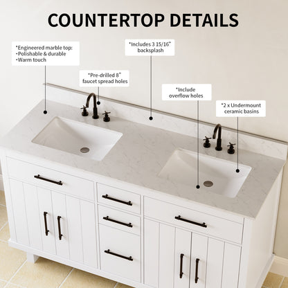DeerValley DV-1BV0520W/DV-1BV0520NW 60" Fully Assembled Double Bathroom Vanity with Engineered Marble Top, White