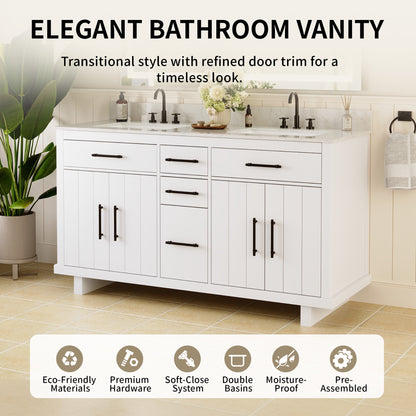 DeerValley DV-1BV0520W/DV-1BV0520NW 60" Fully Assembled Double Bathroom Vanity with Engineered Marble Top, White