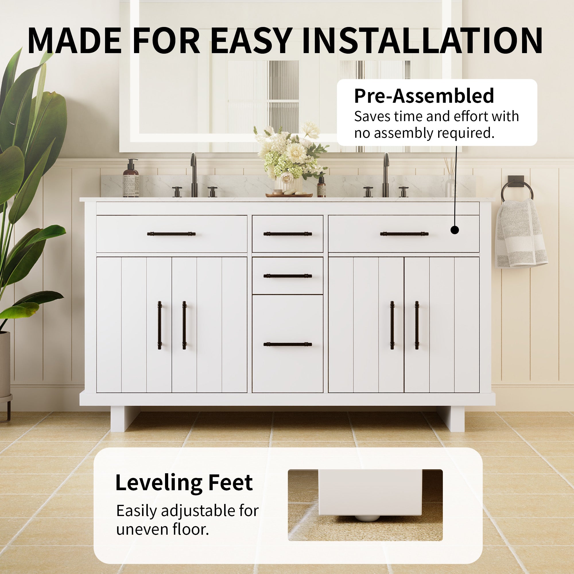 DeerValley DV-1BV0520W/DV-1BV0520NW 60" Fully Assembled Double Bathroom Vanity with Engineered Marble Top, White