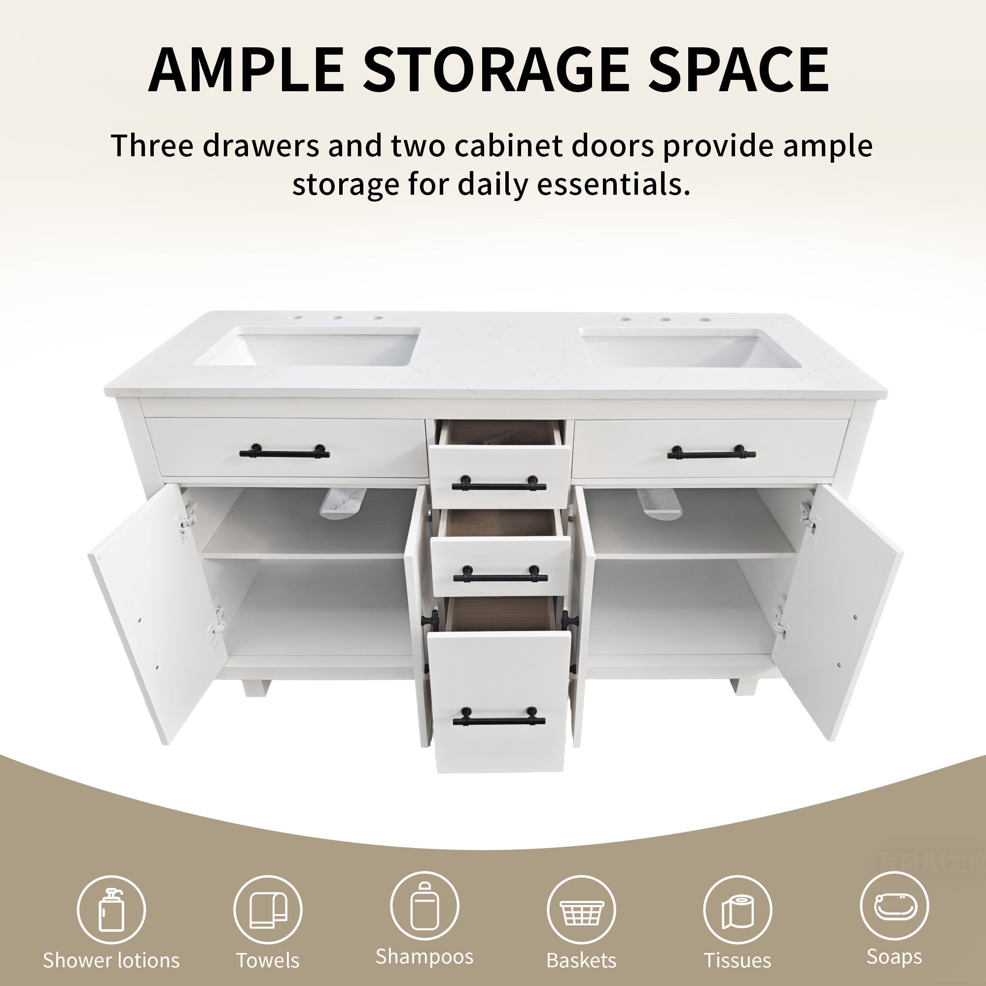 DeerValley DV-1BV0520W/DV-1BV0520NW 60" Fully Assembled Double Bathroom Vanity with Engineered Marble Top, White
