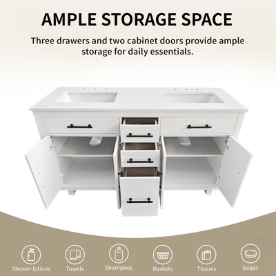 DeerValley DV-1BV0520W/DV-1BV0520NW 60" Fully Assembled Double Bathroom Vanity with Engineered Marble Top, White