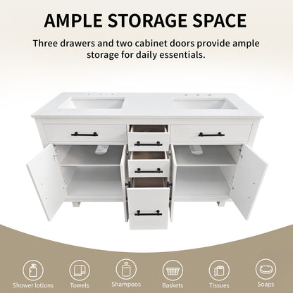 DeerValley DV-1BV0520W/DV-1BV0520NW 60" Fully Assembled Double Bathroom Vanity with Engineered Marble Top, White