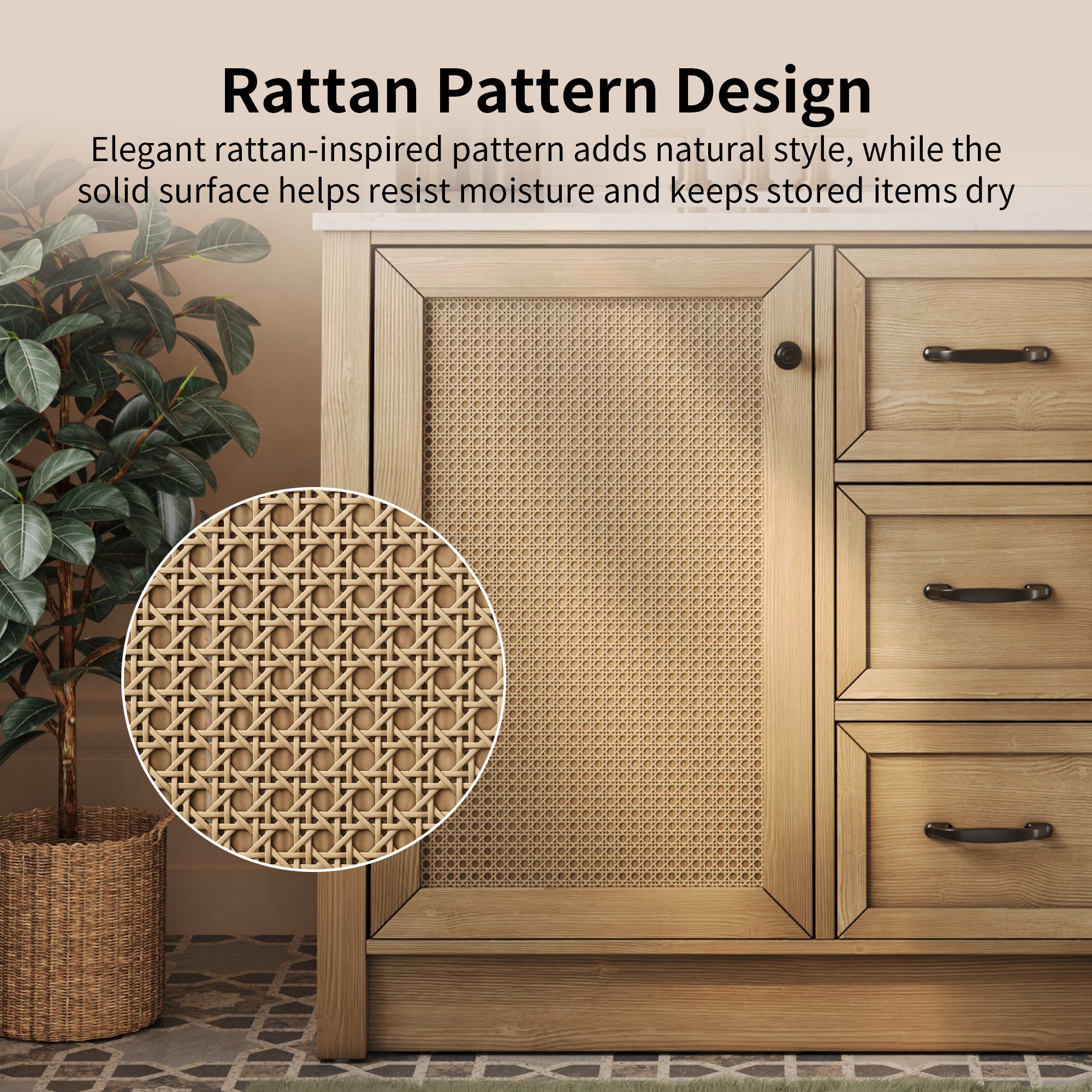 DeerValley DV-1BV0541NW Farmhouse Vanity, Natural Oak Rattan Accent, 36-in Assembled
