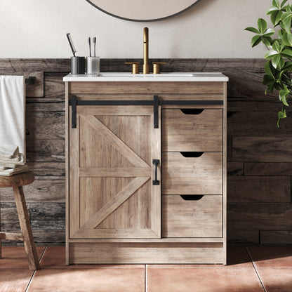 DeerValley DV-1BV0546W Freestanding Antique Oak Bath Vanity with Soft-Close Drawers & Integrated Ceramic Top