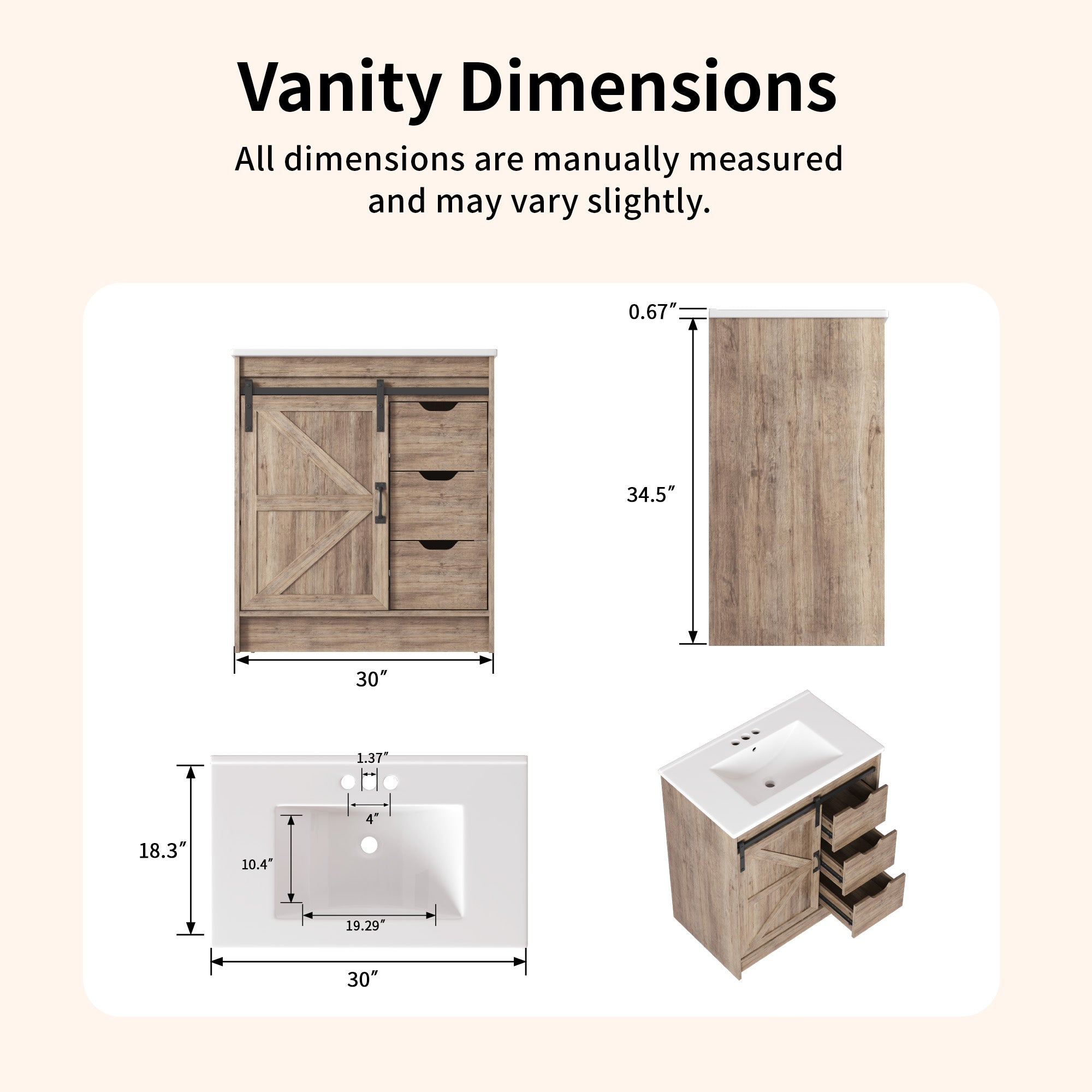 DeerValley DV-1BV0546W Freestanding Antique Oak Bath Vanity with Soft-Close Drawers & Integrated Ceramic Top