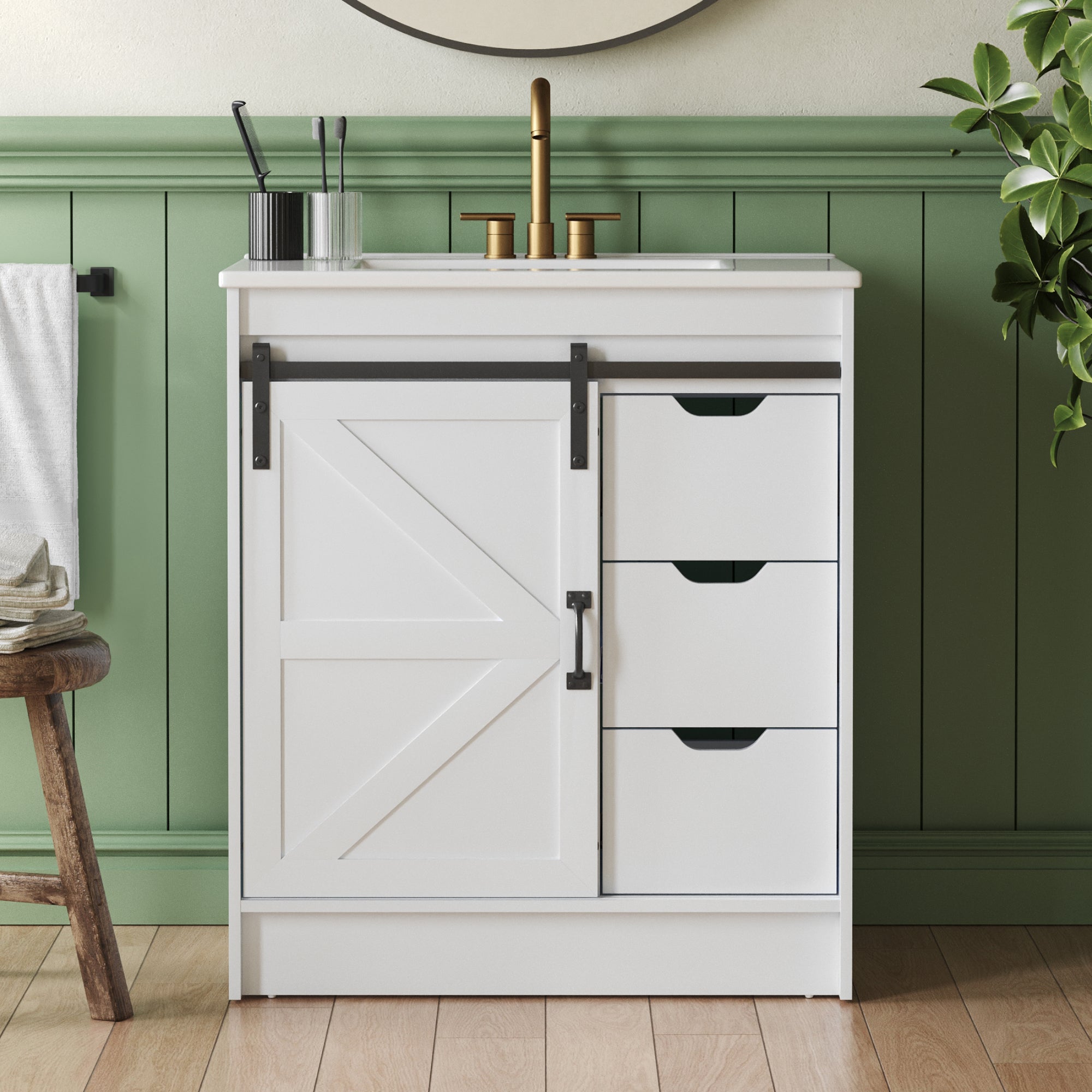 DeerValley DV-1BV0546W Freestanding Antique Oak Bath Vanity with Soft-Close Drawers & Integrated Ceramic Top