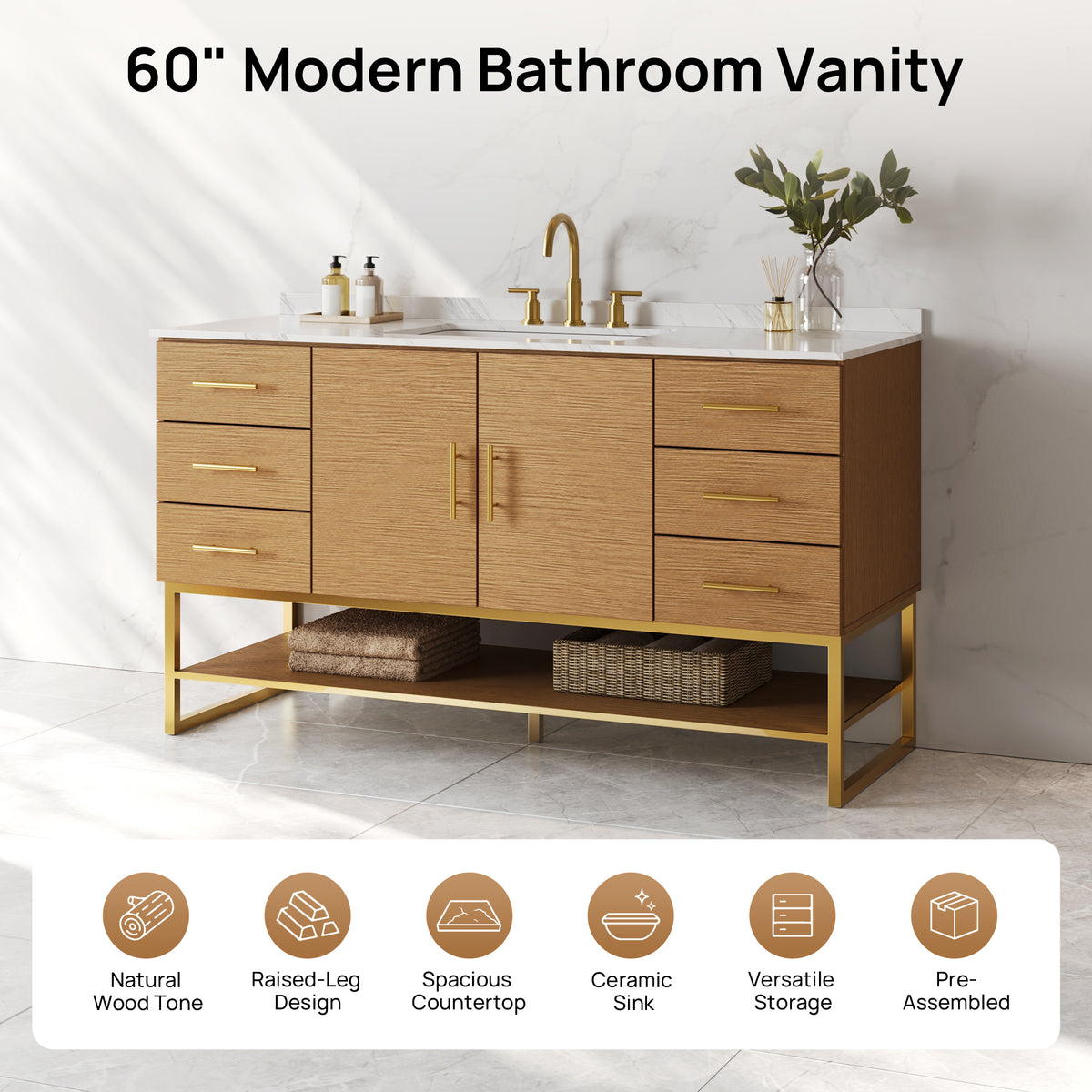 DeerValley DV-1BV0598NW Bathroom Vanity with Sink, Natural Wood & Stone Top