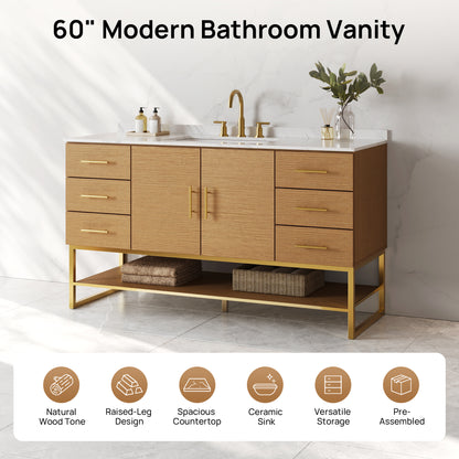 DeerValley DV-1BV0598NW Bathroom Vanity with Sink, Natural Wood & Stone Top