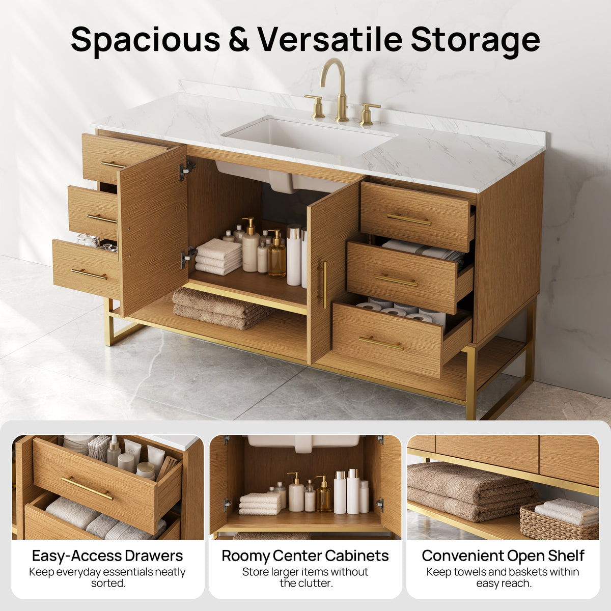 DeerValley DV-1BV0598NW Bathroom Vanity with Sink, Natural Wood & Stone Top