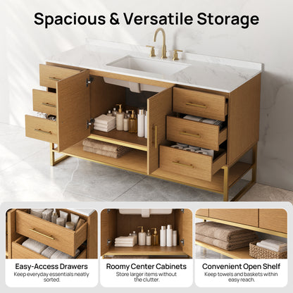 DeerValley DV-1BV0598NW Bathroom Vanity with Sink, Natural Wood & Stone Top