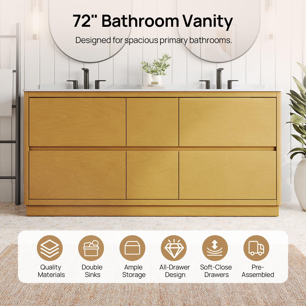 DeerValley DV-1BV0599NW Bathroom Vanity, Easy Setup, Double Sinks & 6 Drawers