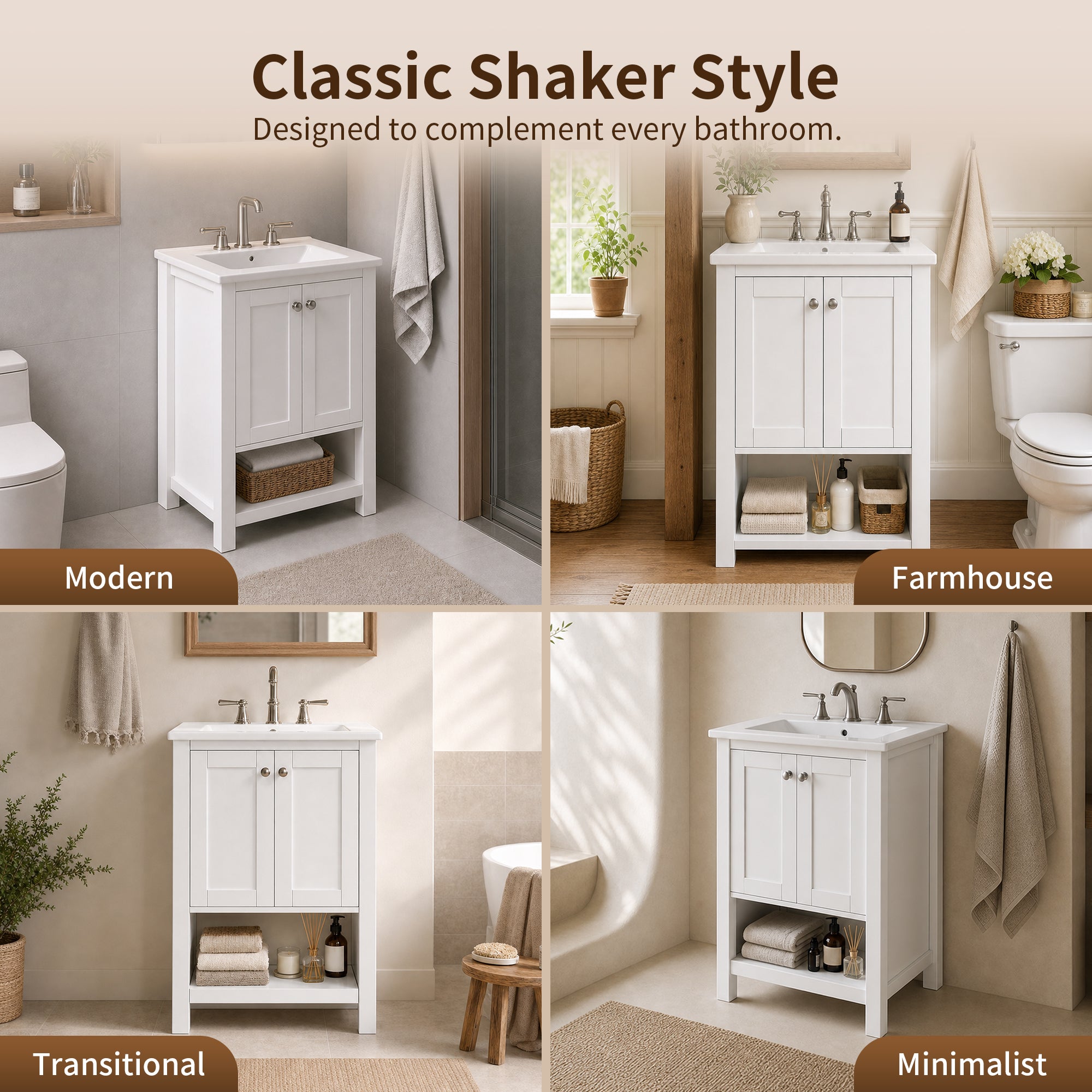 DeerValley DV-1BV0600W Shaker Bathroom Vanity, Integrated Sink & Space-Saving