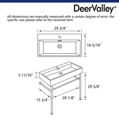 30" Rectangular Console Bathroom Sink, Single Faucet Hole
