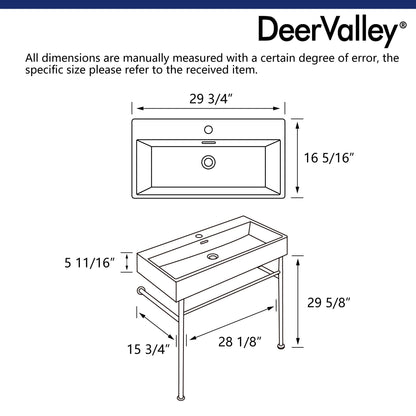 30" Rectangular Console Bathroom Sink, Single Faucet Hole