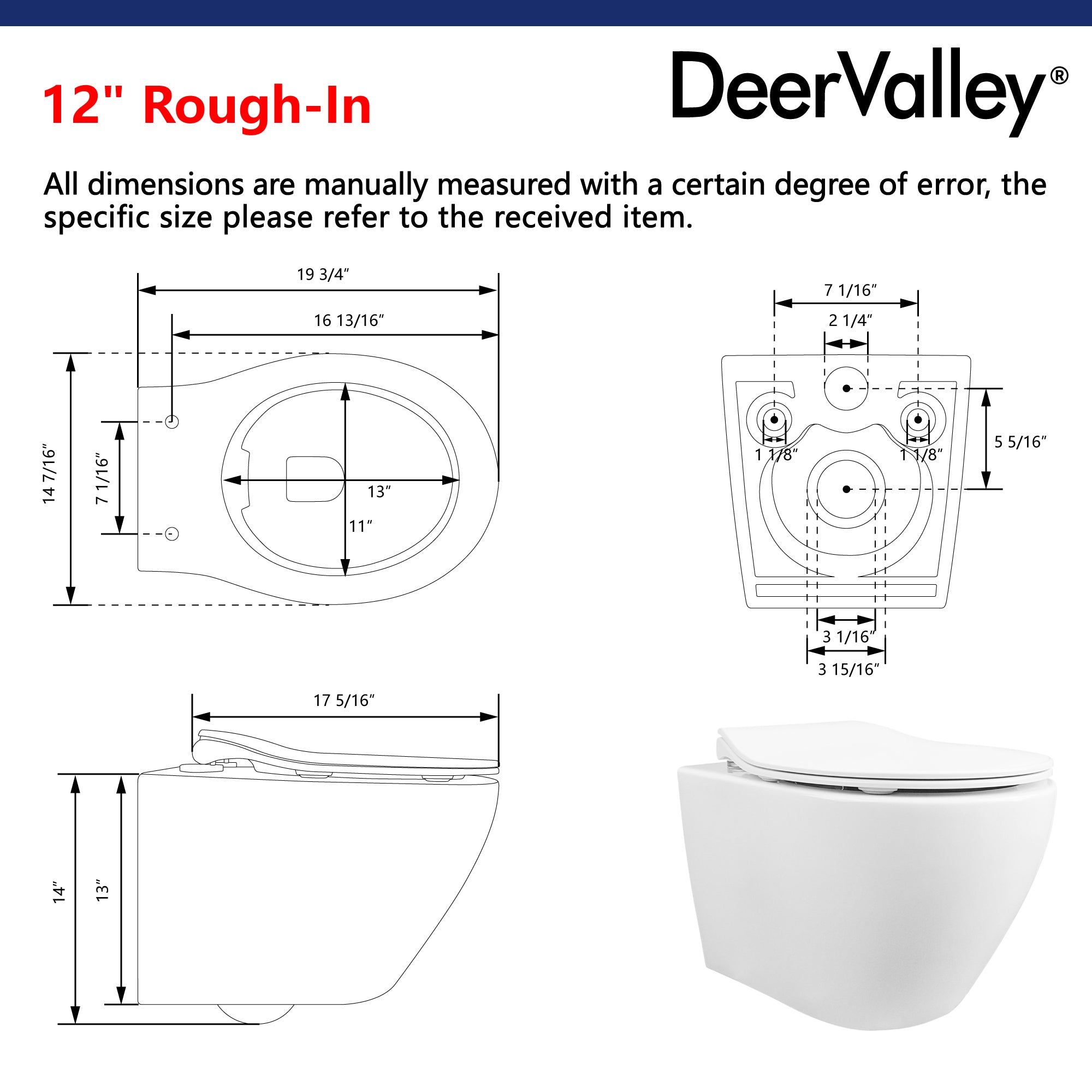 LIBERTY Wall-Hung Elongated Toilet, 1.1/1.6GPF Dual-Flush  with Multiple Colors