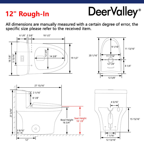 DeerValley DV-1F0075 Prism Dual-Flush Elongated Comfortable Seat Height One-Piece Toilet (Seat Included)