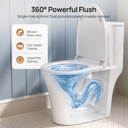 DeerValley DV-1F0369 Compact One-Piece Toilet for Small Bathrooms, Rimless Bowl Modern Elongated Toilet with Powerful Dual Flush, Soft-Close Seat, 12" Rough-In, High-Efficiency, Space-Saving & Quiet White Design, DV-1F0369