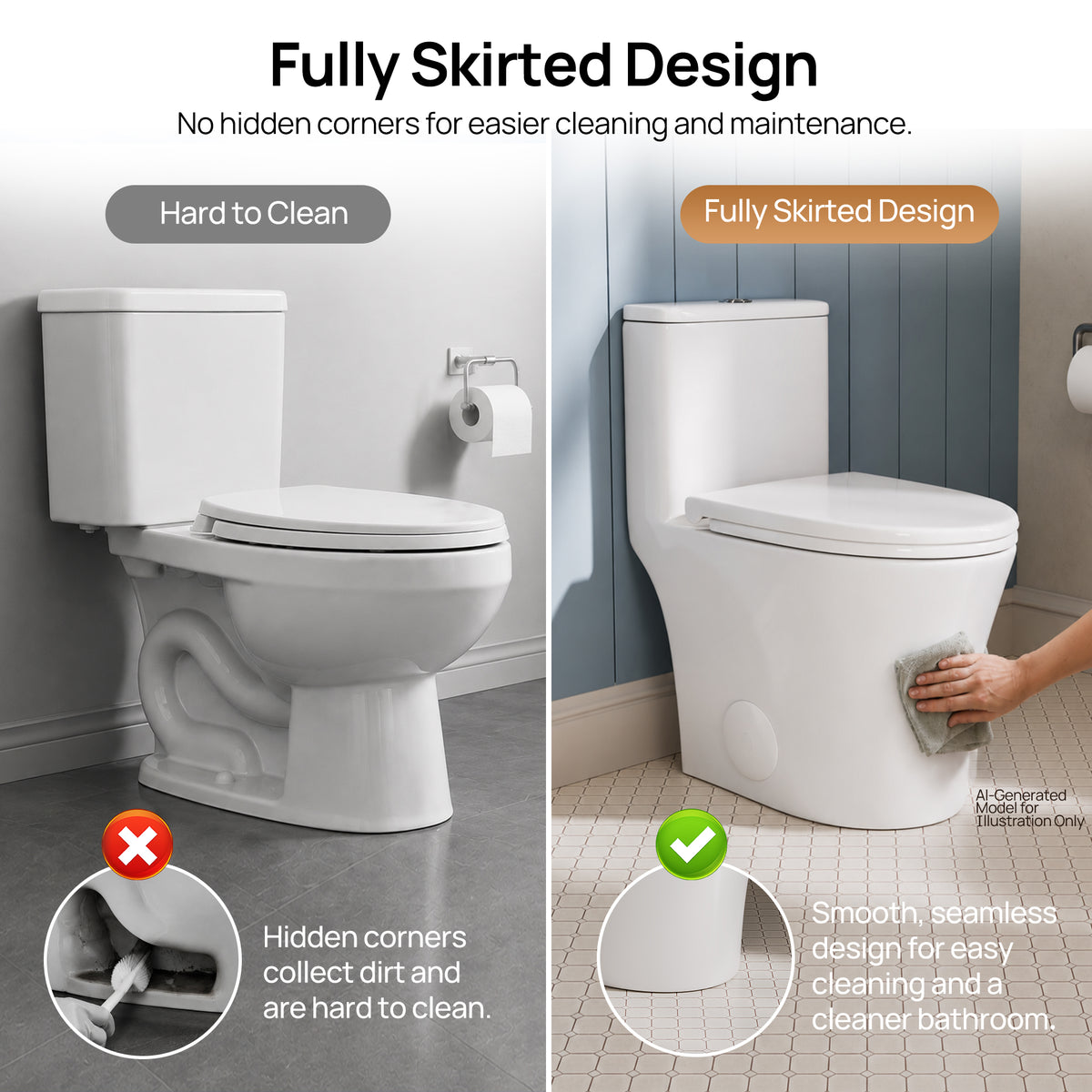 DeerValley DV-1F0369 Compact One-Piece Toilet for Small Bathrooms, Rimless Bowl Modern Elongated Toilet with Powerful Dual Flush, Soft-Close Seat, 12" Rough-In, High-Efficiency, Space-Saving & Quiet White Design, DV-1F0369