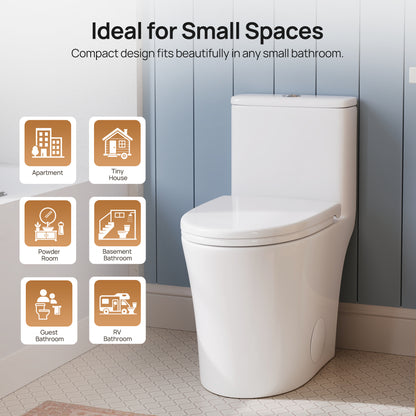 DeerValley DV-1F0369 Compact One-Piece Toilet for Small Bathrooms, Rimless Bowl Modern Elongated Toilet with Powerful Dual Flush, Soft-Close Seat, 12" Rough-In, High-Efficiency, Space-Saving & Quiet White Design, DV-1F0369